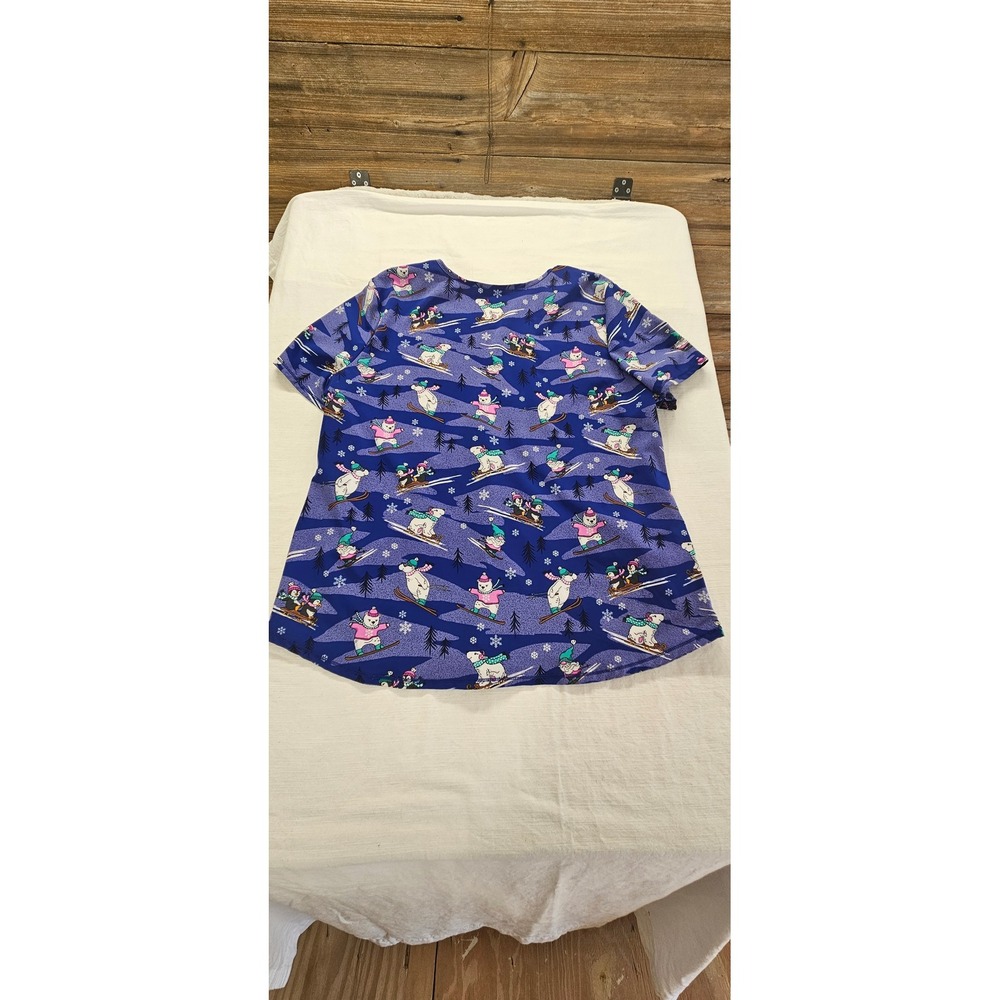 Scrubstar Womens Blue Winter Polar Bear Penguin Skiing Scrub Top V-Neck XL - Picture 8 of 8